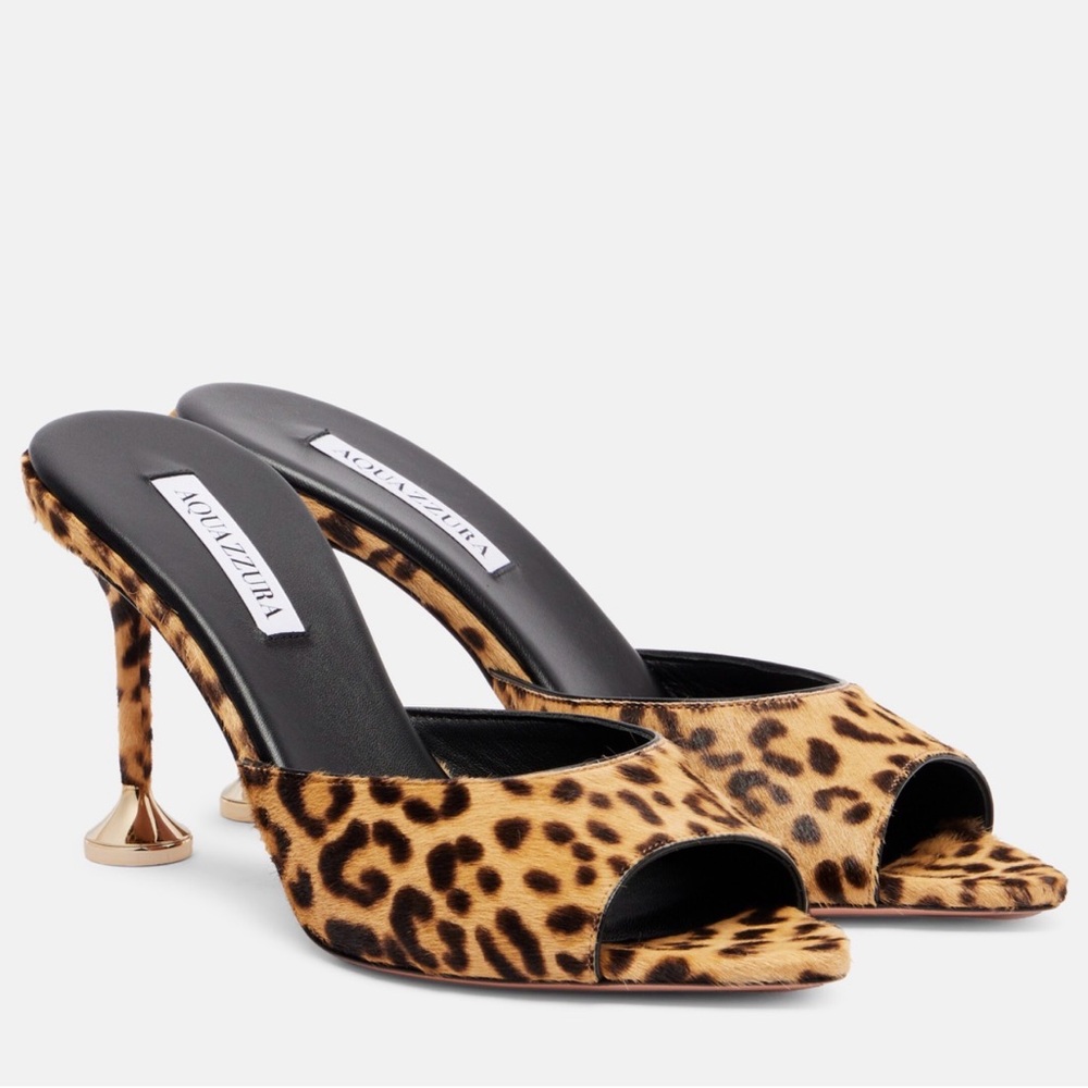 AQUAZZURA Bisous 85 leopard-print calf hair mules